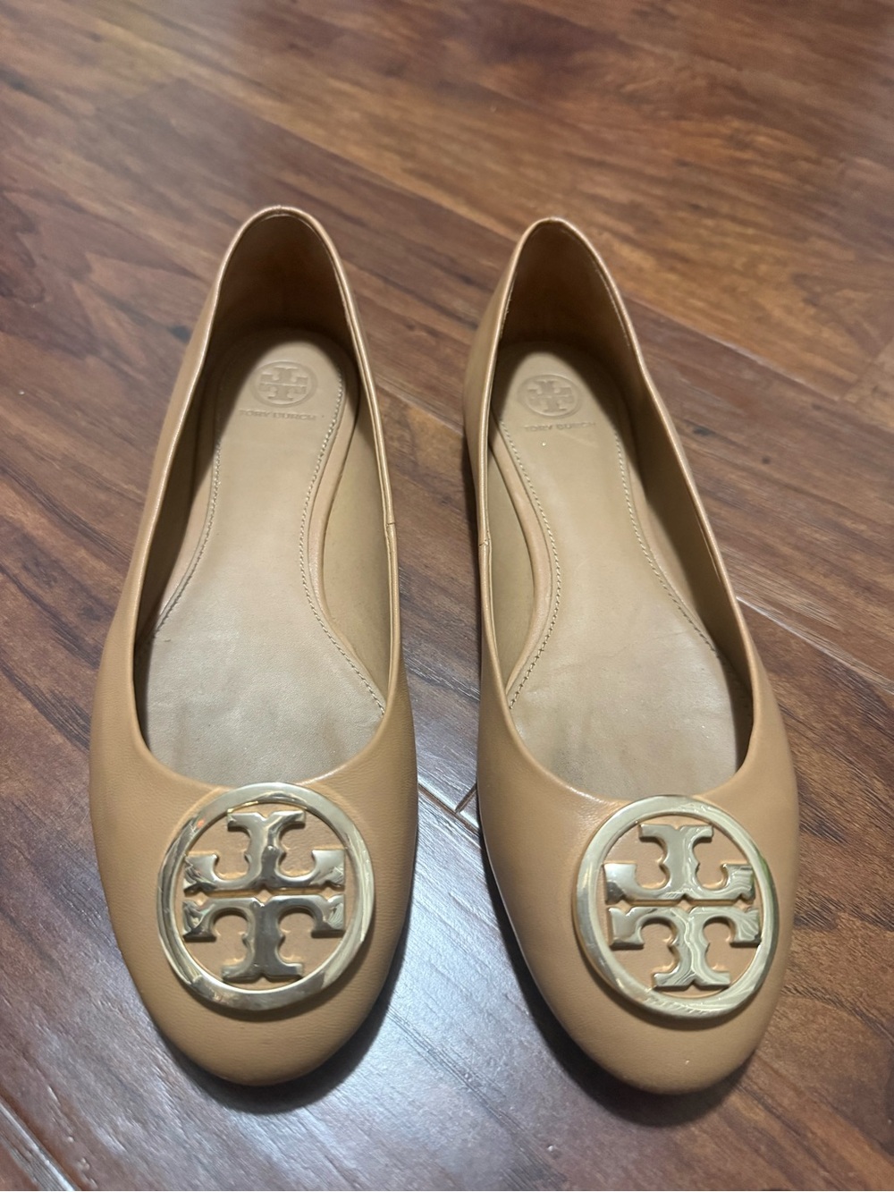 Tory Burch Beige Leather Logo Ballet Flats